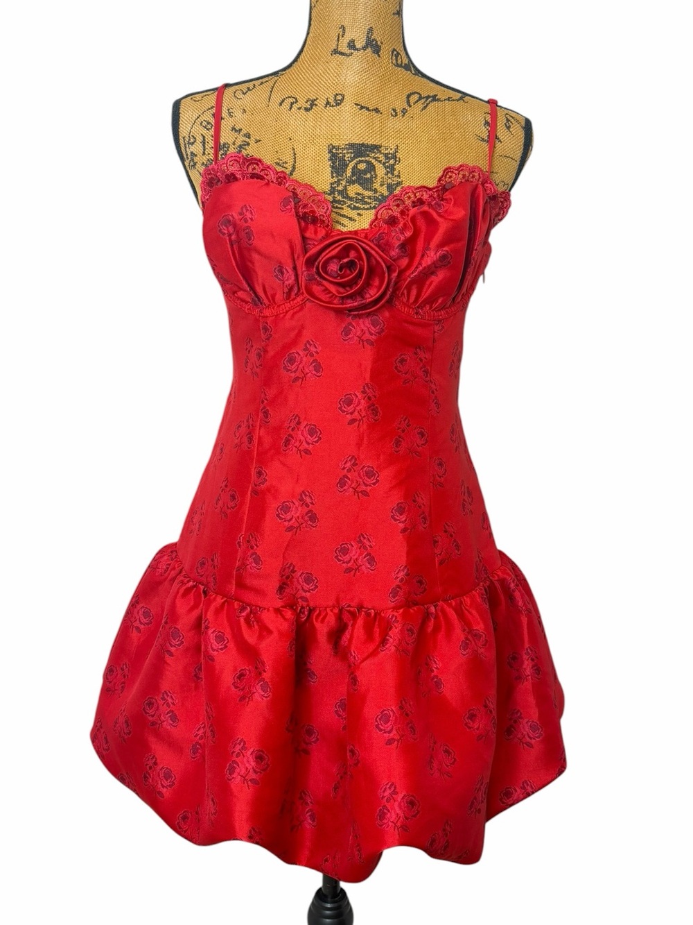 NWT For Love & Lemons Annika Red Rose Jacquard Corset Bubble Mini Dress M - Picture 2 of 7